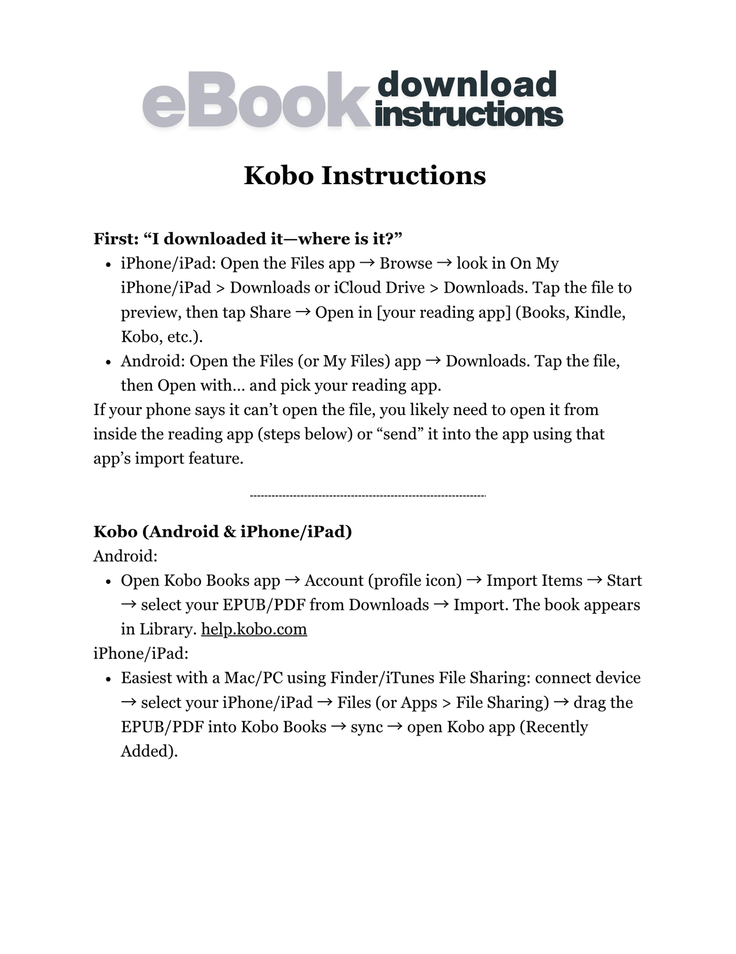 Kobo Download Instructions — How to Read Your Konect2One eBooks on Kobo