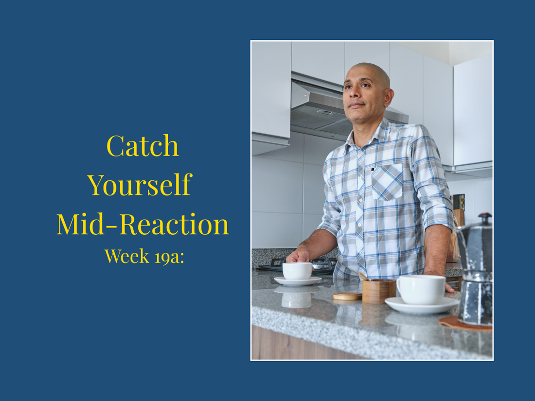 Man pausing mid-conversation in kitchen — catch yourself mid-reaction — Konect2One Insight Series