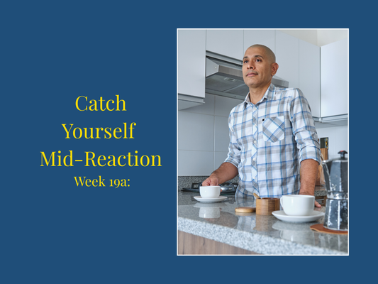 Man pausing mid-conversation in kitchen — catch yourself mid-reaction — Konect2One Insight Series