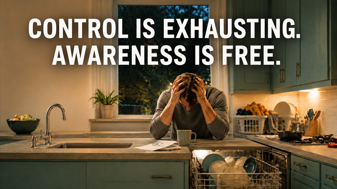 Father pausing mid-correction in kitchen — control is exhausting — Konect2One Insight Series